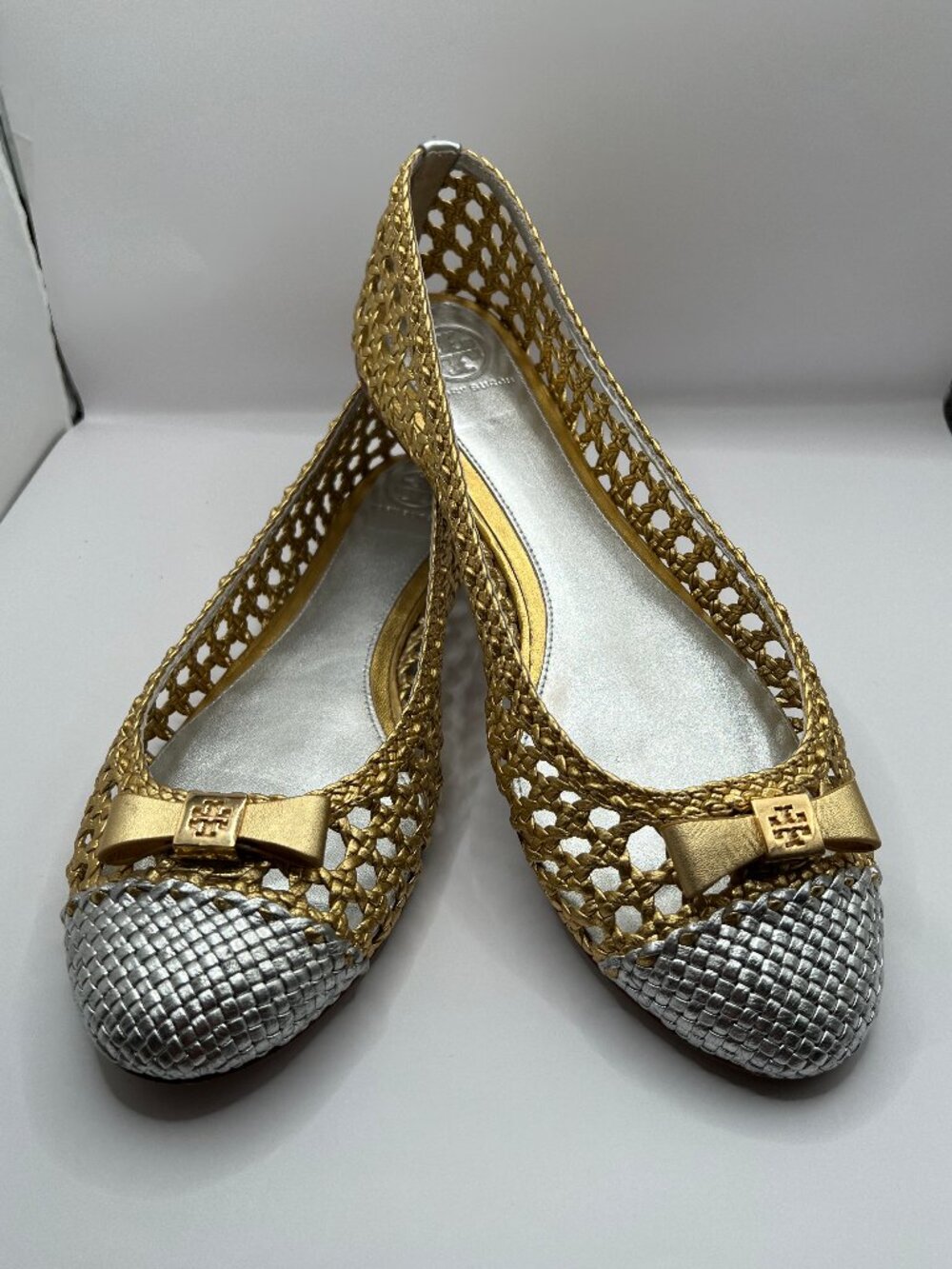 Tory Burch Silver and Gold Carlyle Slip On Flats 10M